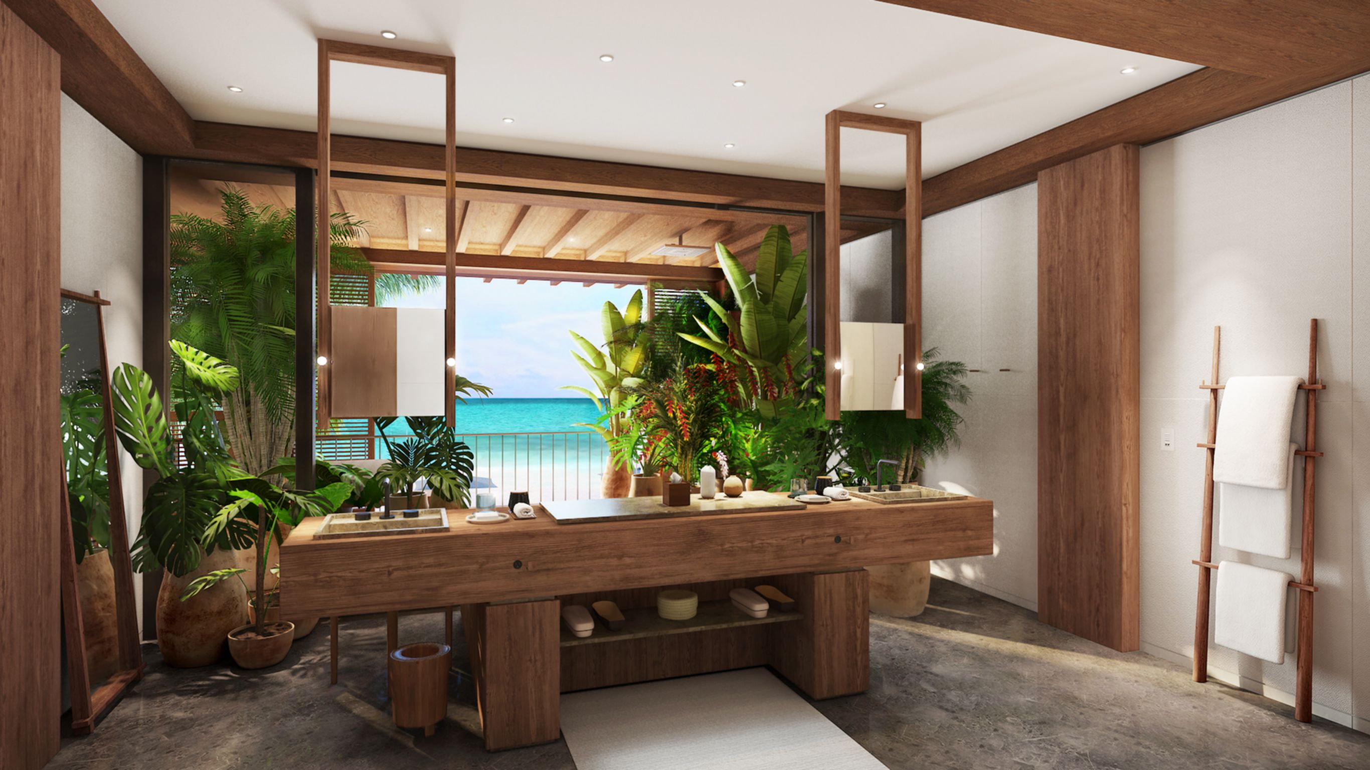 Beachfront Villa_Rendering_Master Bathroom with views of the beach and sea